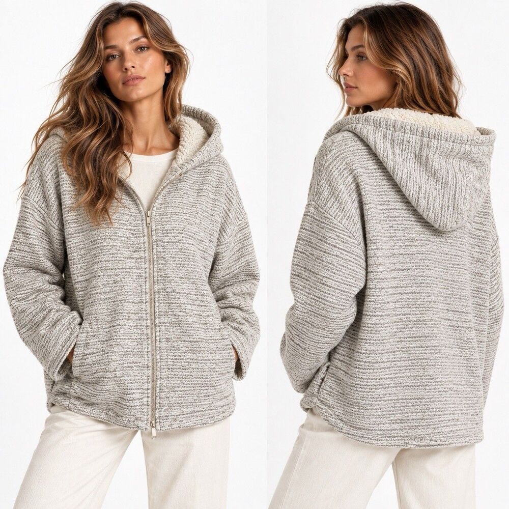 LOFT Ann Taylor Lounge Zip Up Hoodie Knit Sherpa Heathered Gray Sparkle S
